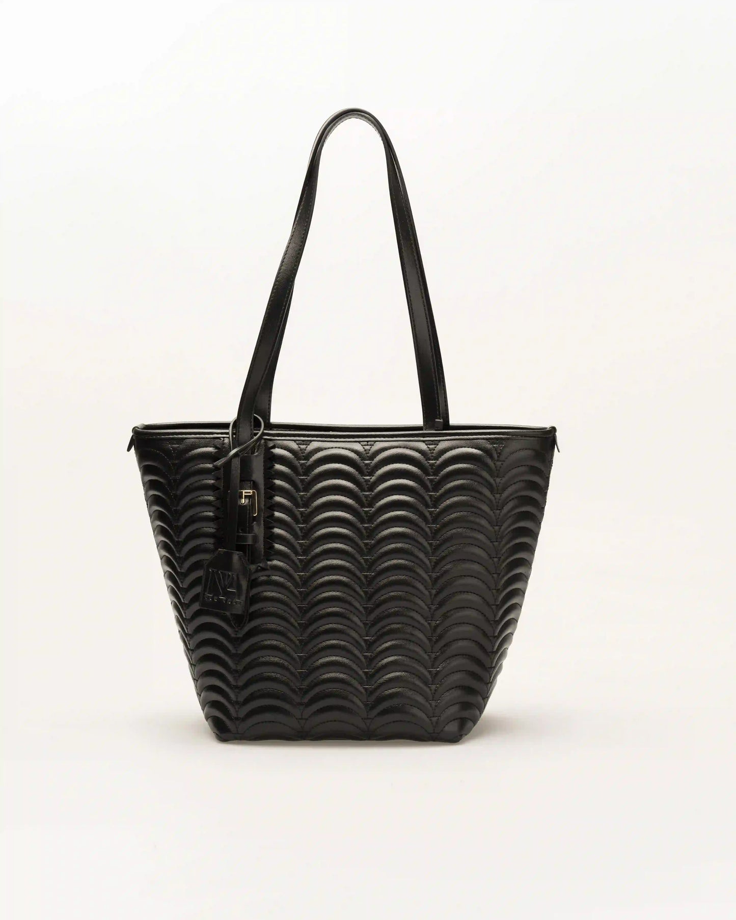 High end black designer shoulder bag offering luxury in a simple bold look.