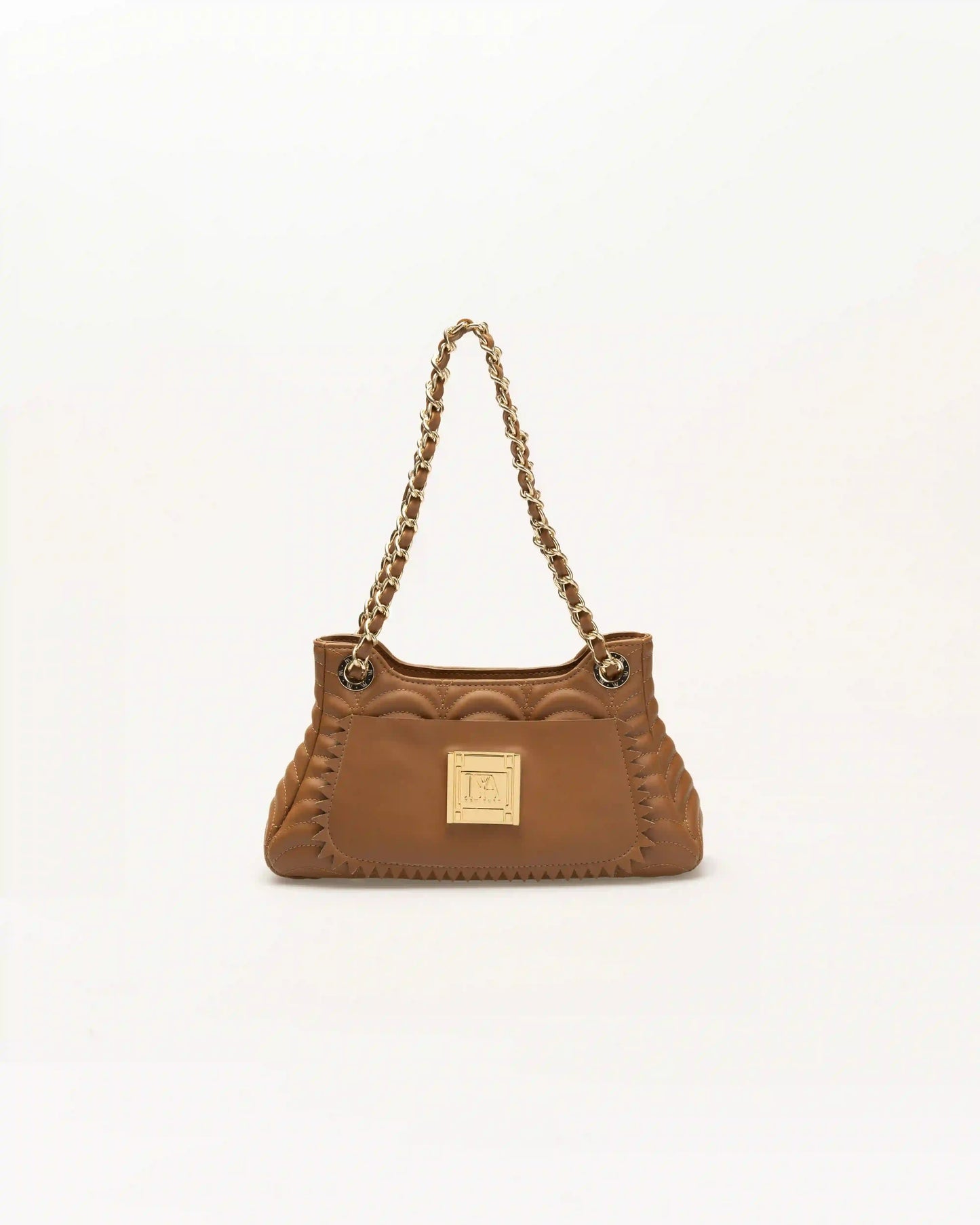 High end tan madison shoulder bag with neutral tones and a modern silhouette.
