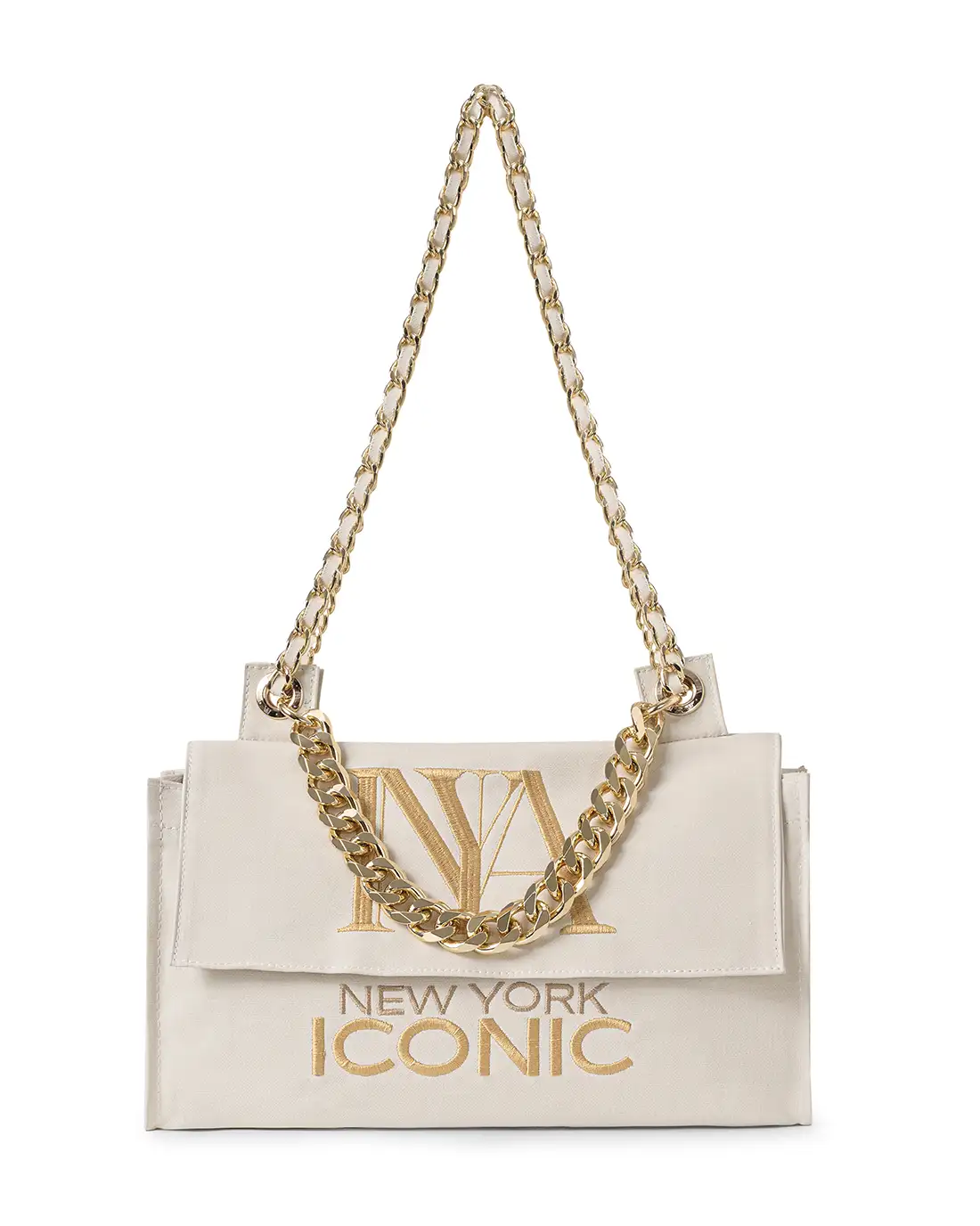 Iconic ecru canvas designer shoulder bags bring clean modern sophistication.