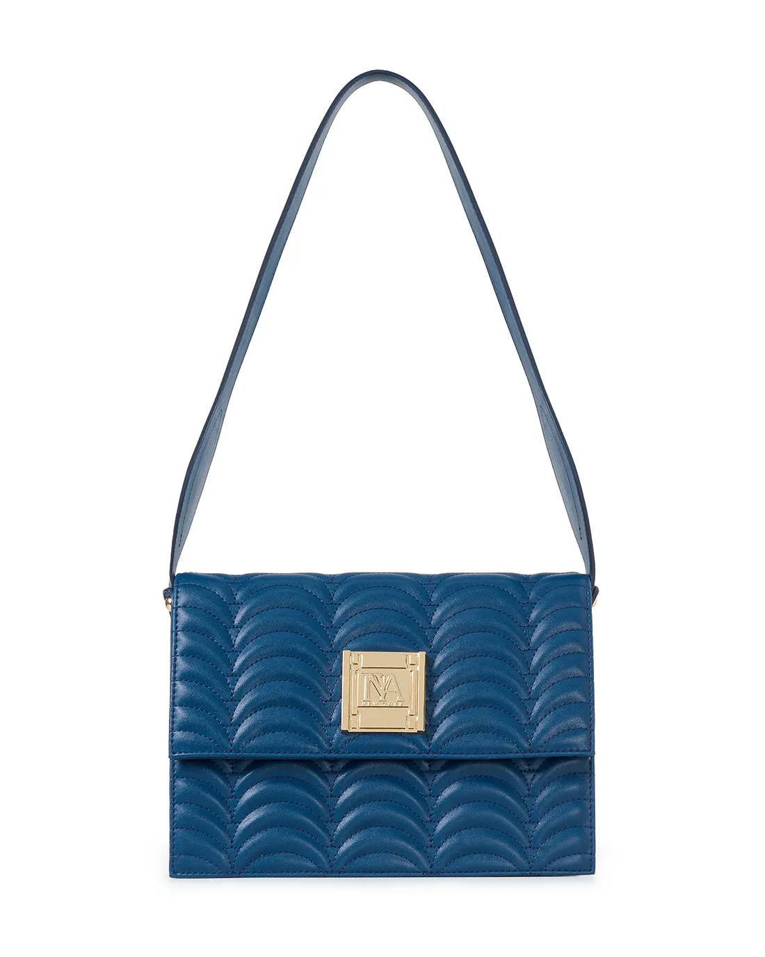 Queen's N1 navy blue sustainable shoulder bag blends eco design with refined lines.