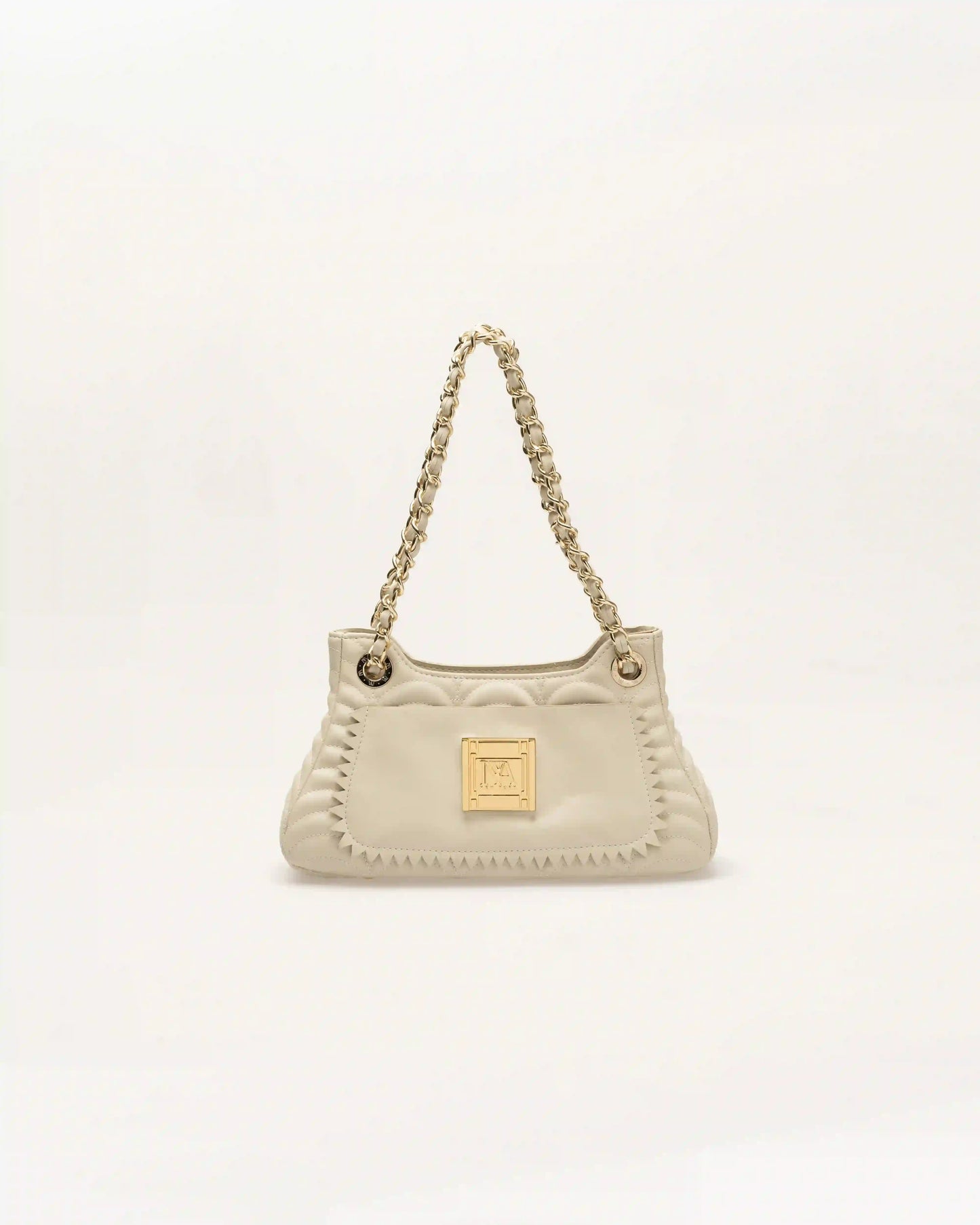 White madison designer shoulder bag with minimal details and high fashion look.