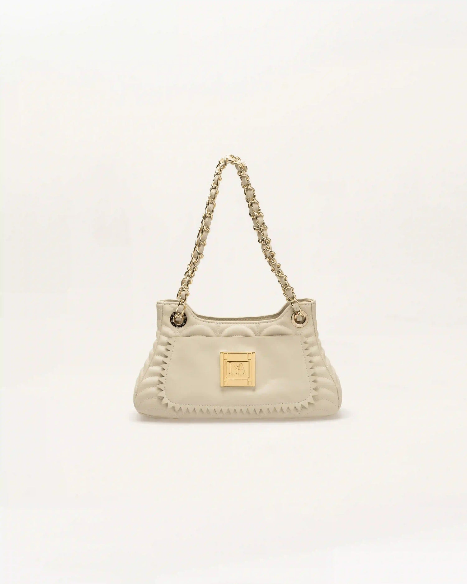 White madison designer shoulder bag with minimal details and high fashion look.